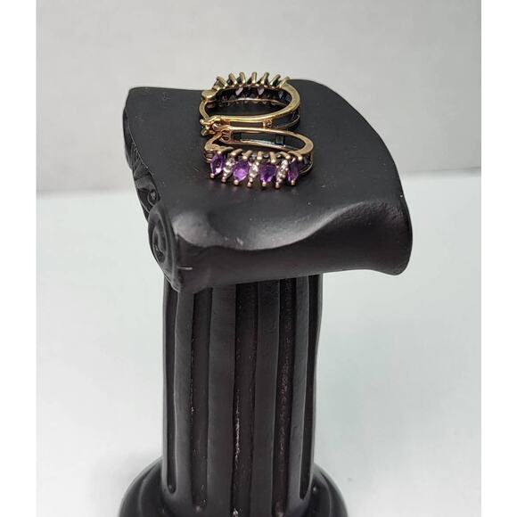 Sterling Silver 925 Marquise Cut Amethyst Diamond Chip Hoop Circle Earrings - Picture 2 of 11